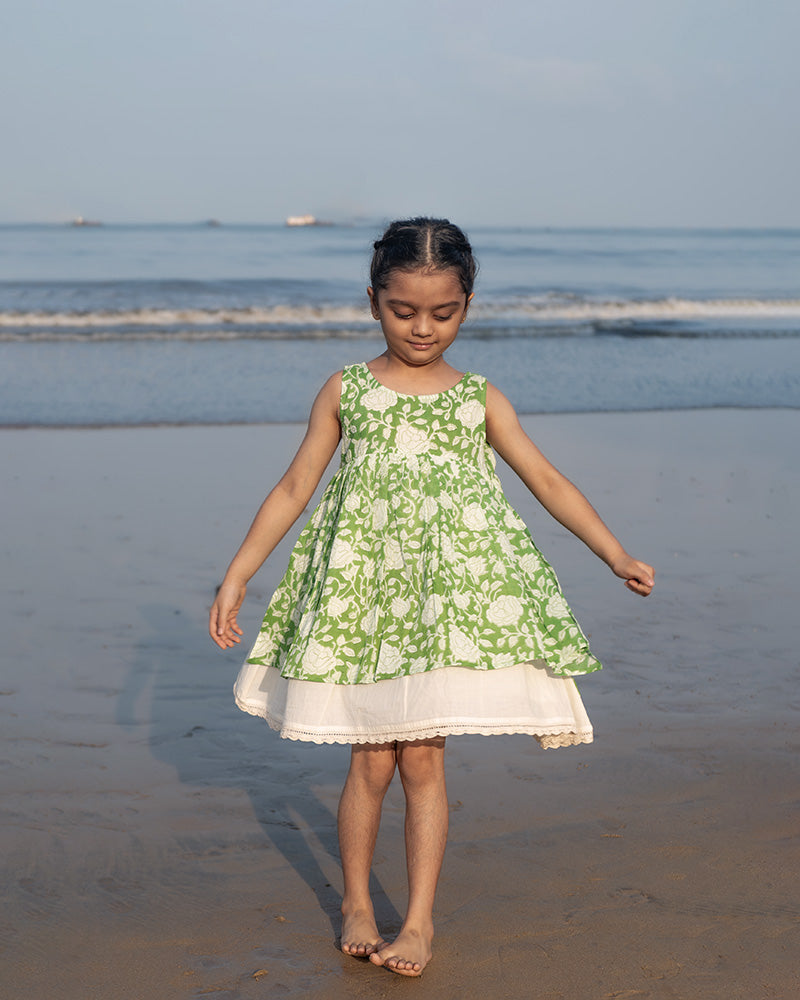 Piroutte - green floral hand block print layered girls dress