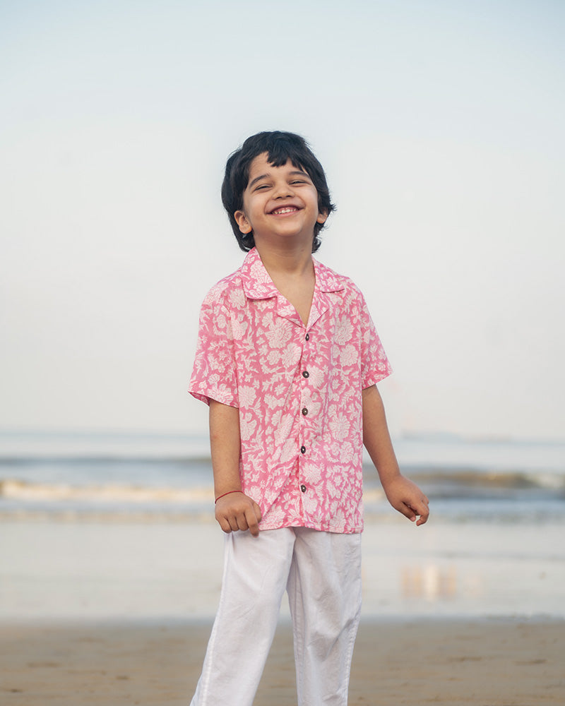 Groove - pink floral hand block print boys shirt