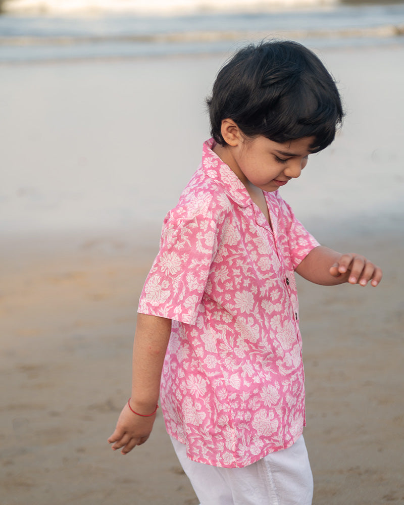 Groove - pink floral hand block print boys shirt