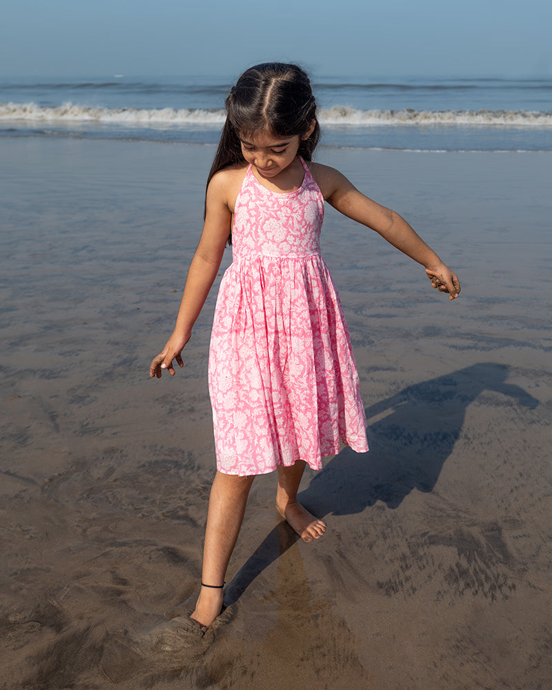 Bloom - pink floral hand block print halter neck girls mal dress