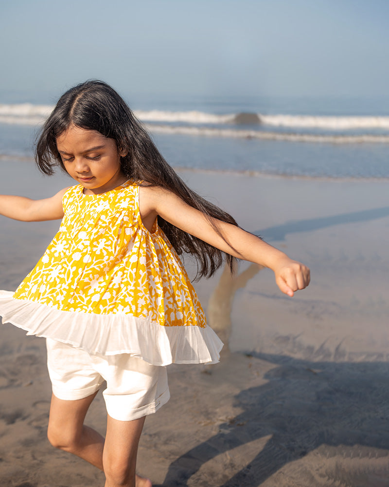 Scent of flowers - yellow floral hand block cotton girls coord set