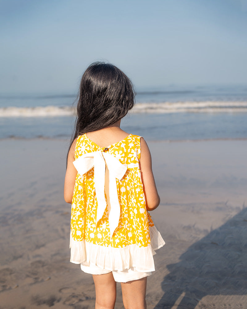 Scent of flowers - yellow floral hand block cotton girls coord set