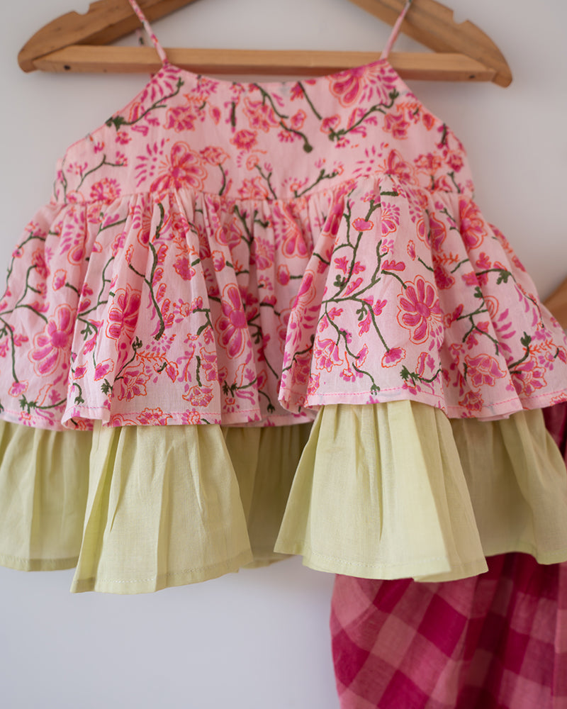 Leela Cotton Pink Floral Flared Top With Pink Checkered Pants Coord Set
