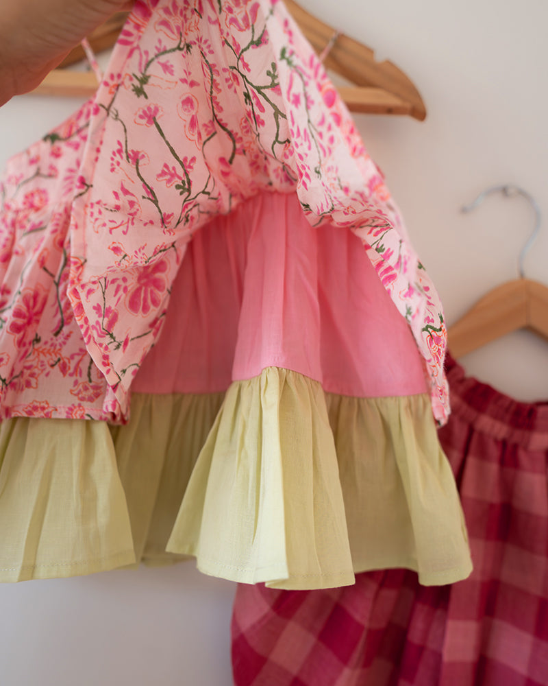 Leela Cotton Pink Floral Flared Top With Pink Checkered Pants Coord Set