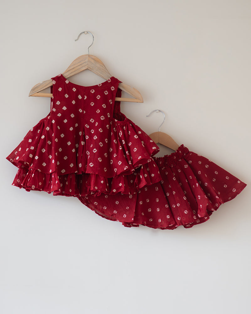 Gulal Cotton Red Bandhani Flowy Top and Skirt Coord Set