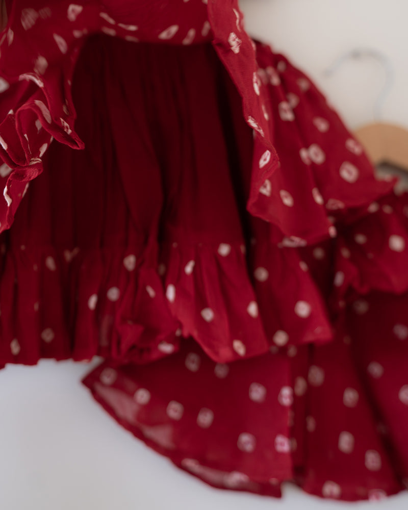 Gulal Cotton Red Bandhani Flowy Top and Skirt Coord Set