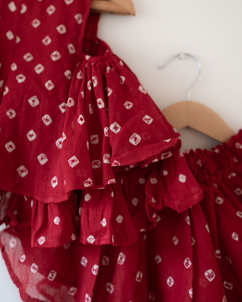 Gulal Cotton Red Bandhani Flowy Top and Skirt Coord Set