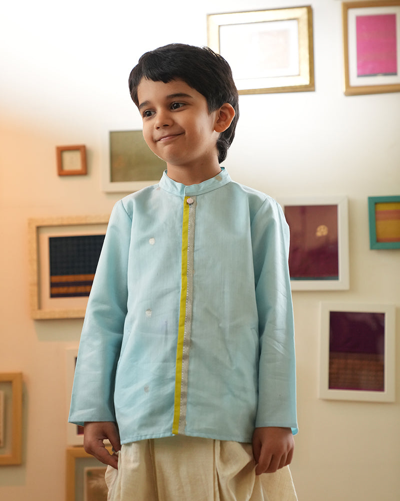 POPPY chinese collar shirt kurta in light blue and yellow
