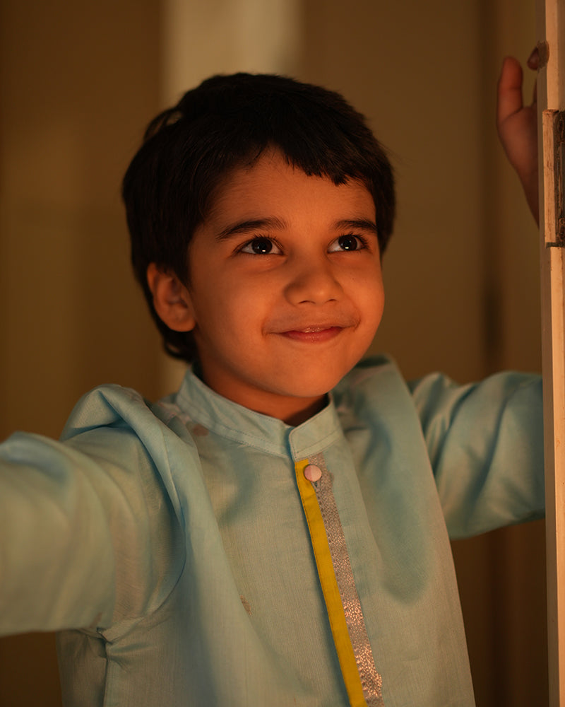 POPPY chinese collar shirt kurta in light blue and yellow