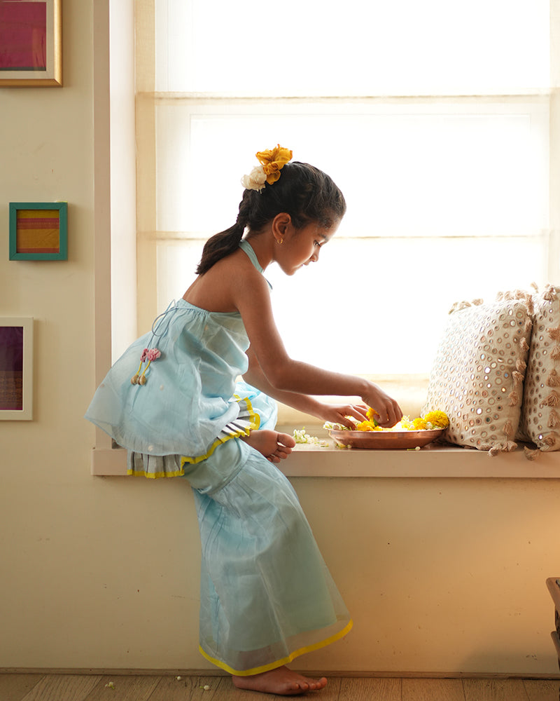 POPPY sharara kurta set in light blue and yellow