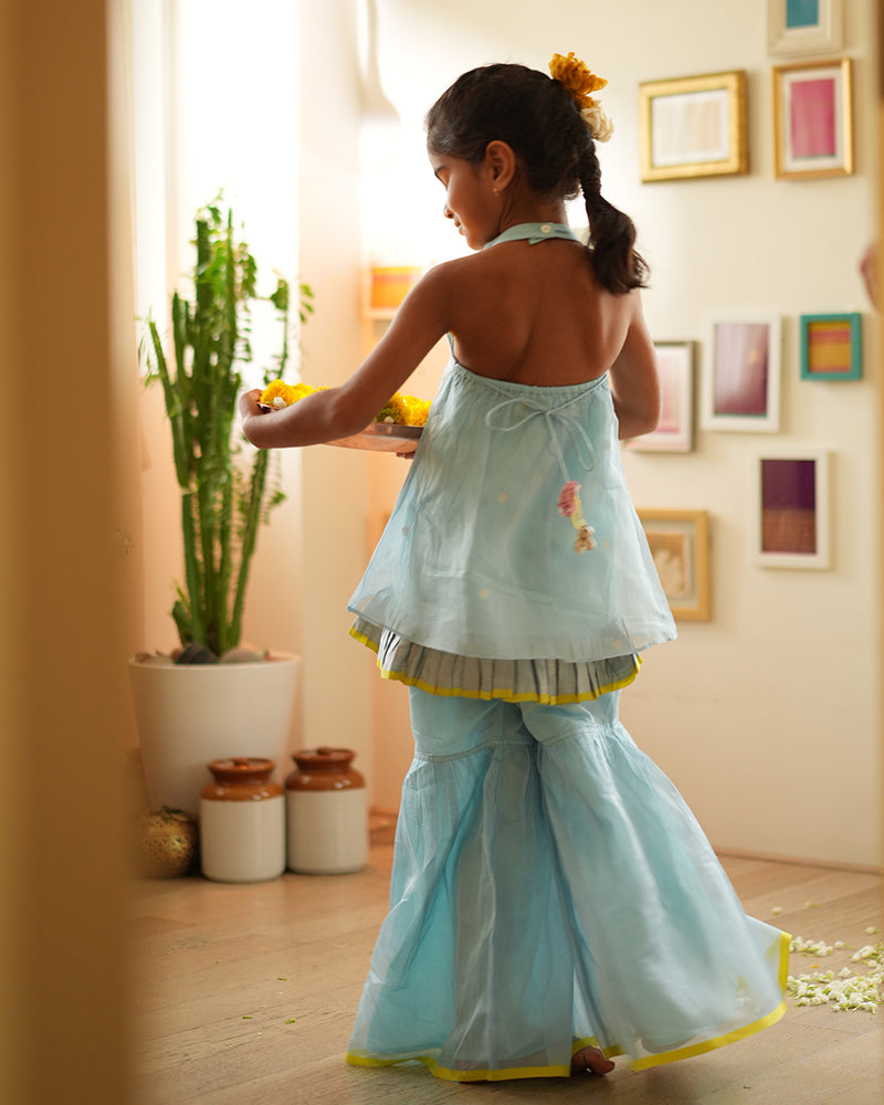 POPPY sharara kurta set in light blue and yellow