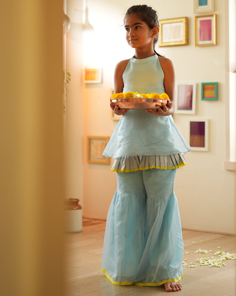 POPPY sharara kurta set in light blue and yellow