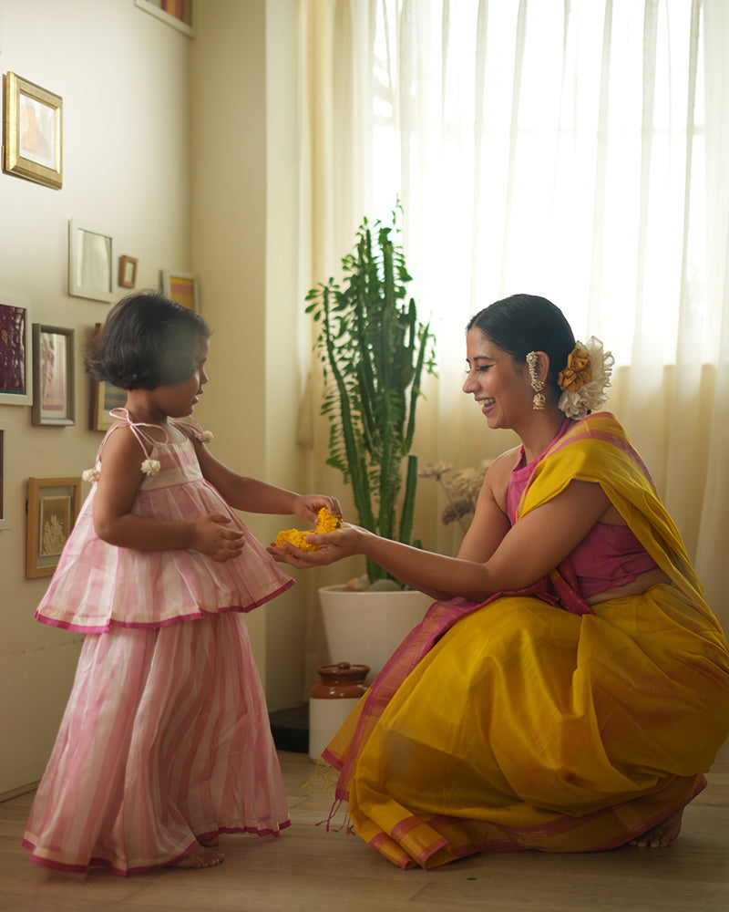 KAMAL lehenga set in baby pink stripes