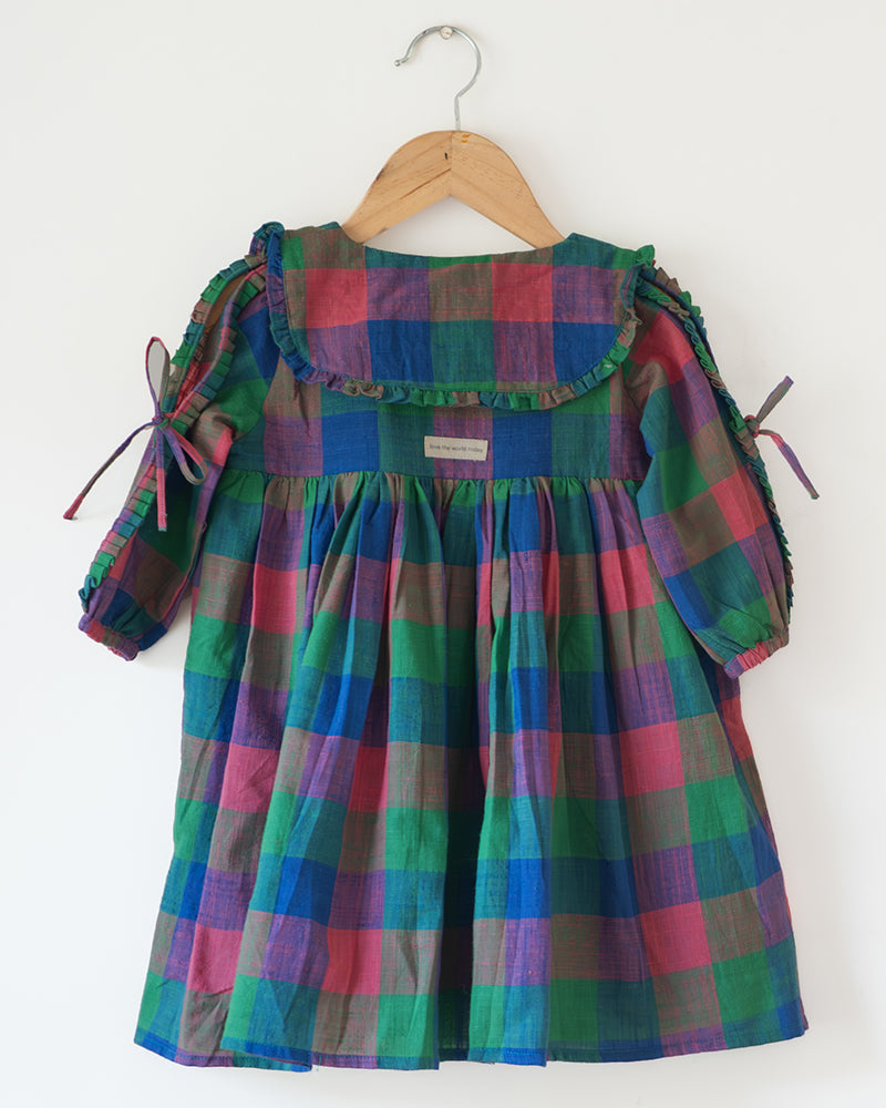 Spring Up Peter Pan Collar Dress In Handwoven Multi-Color Checks