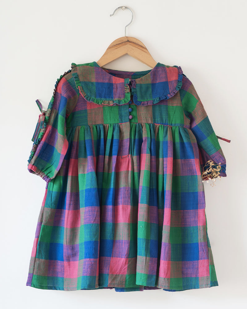 Spring Up Peter Pan Collar Dress In Handwoven Multi-Color Checks