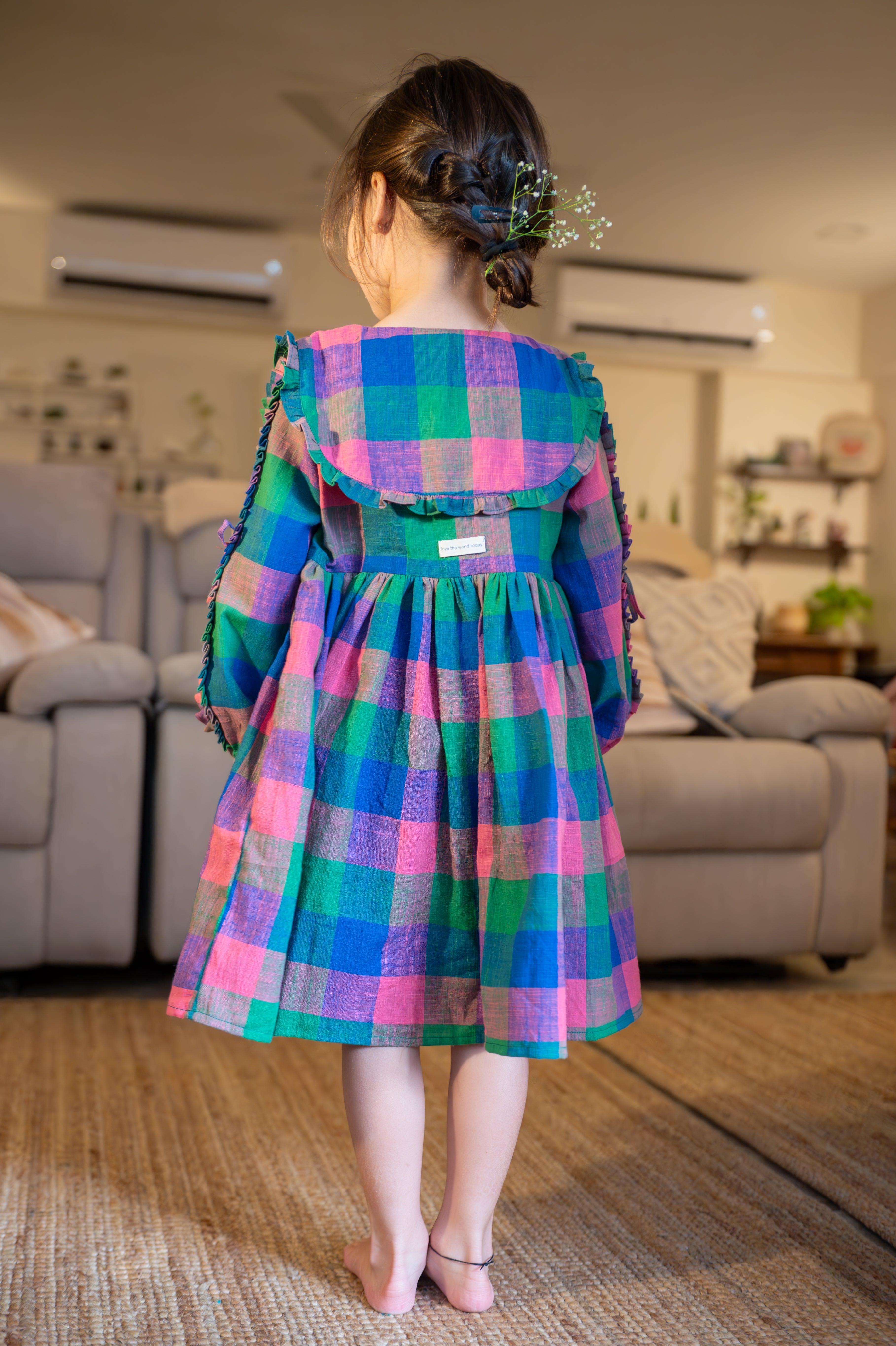 Spring Up Peter Pan Collar Dress In Handwoven Multi-Color Checks