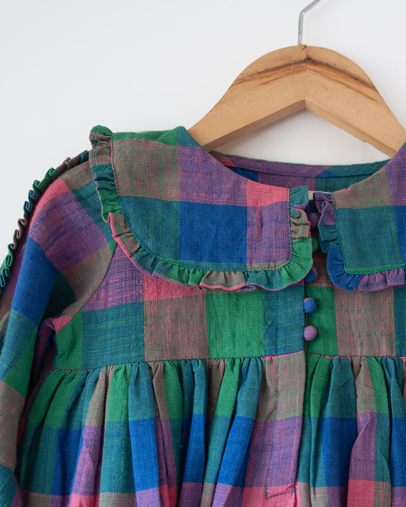 Spring Up Peter Pan Collar Dress In Handwoven Multi-Color Checks