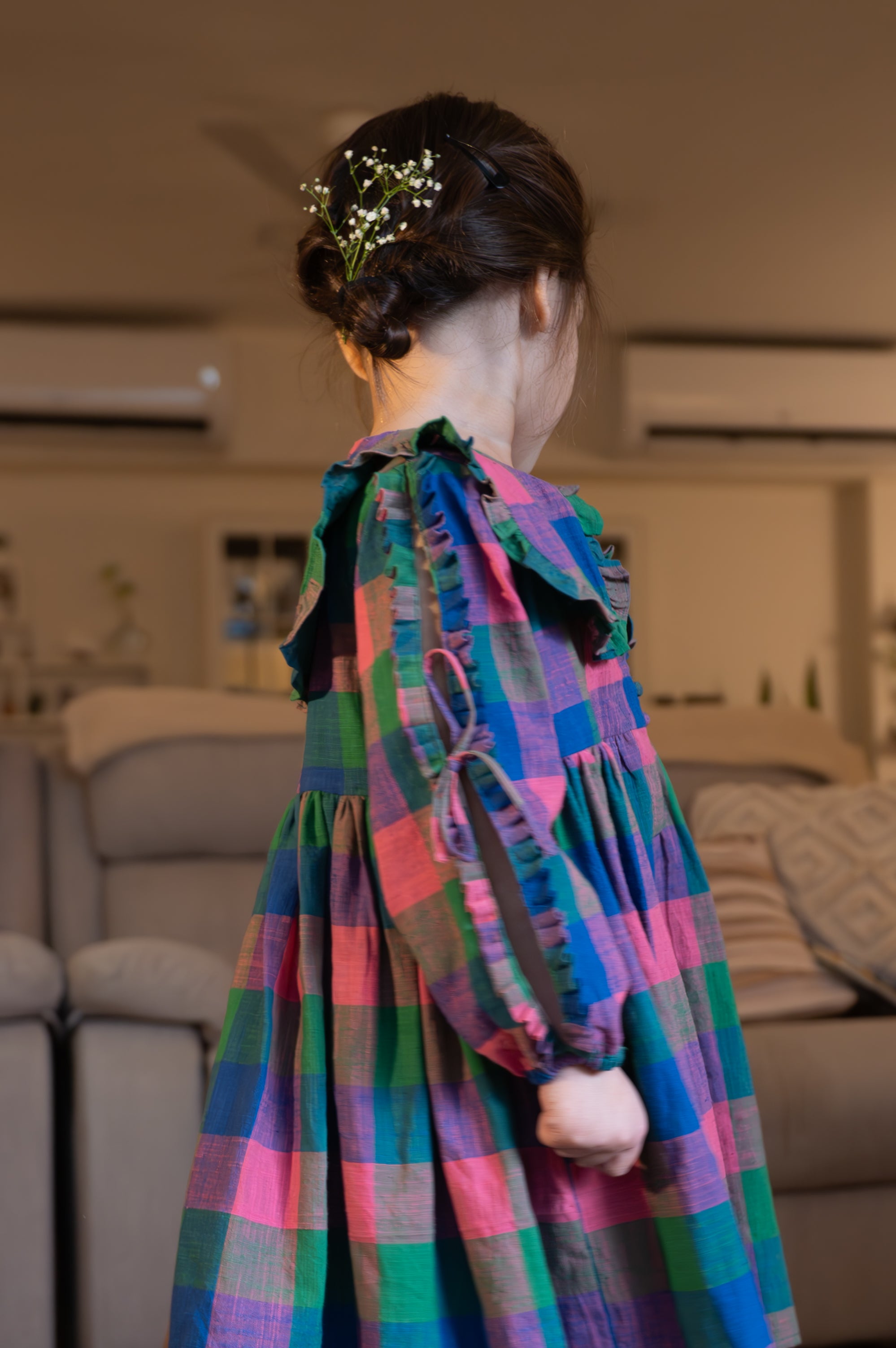 Spring Up Peter Pan Collar Dress In Handwoven Multi-Color Checks