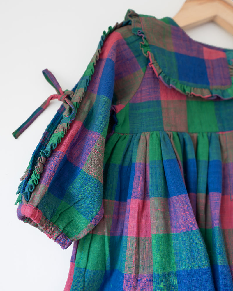 Spring Up Peter Pan Collar Dress In Handwoven Multi-Color Checks