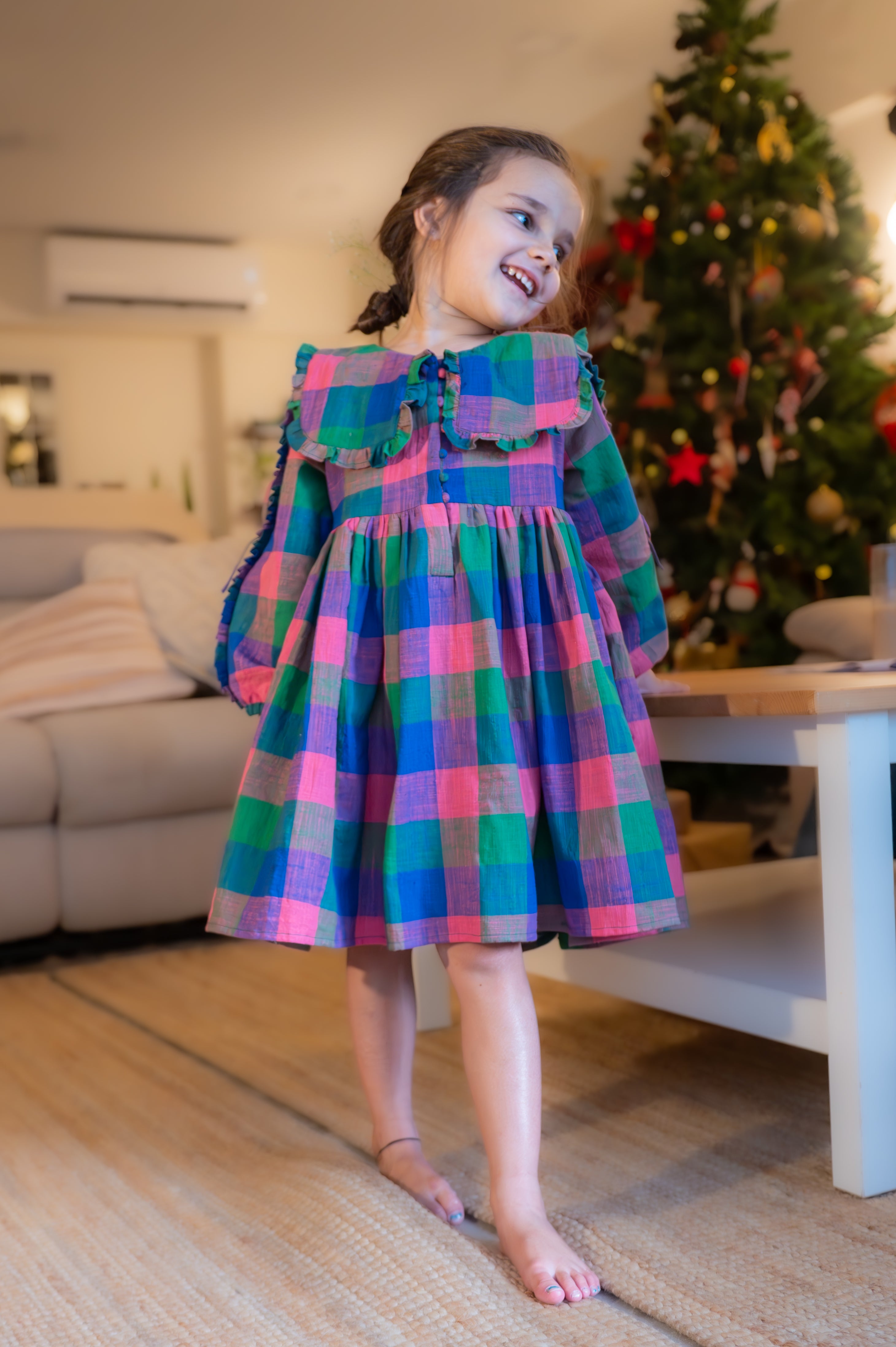 Spring Up Peter Pan Collar Dress In Handwoven Multi-Color Checks