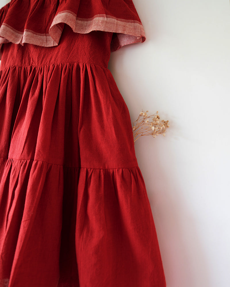 Fool’S Paradise Tiered Maxi Dress In Red Handwoven Cotton