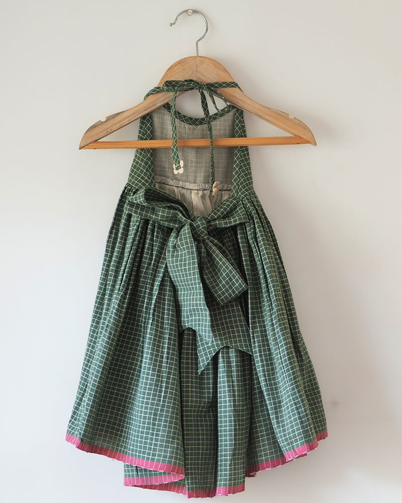 Bloom Handmade Green Checkered Halter Neck Girls Dress