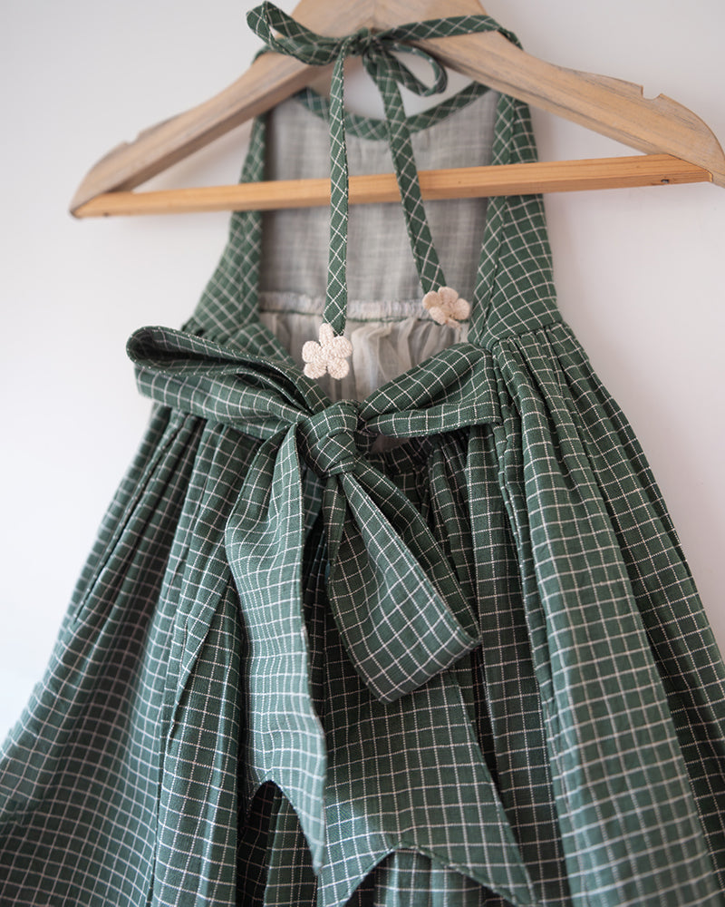 Bloom Handmade Green Checkered Halter Neck Girls Dress