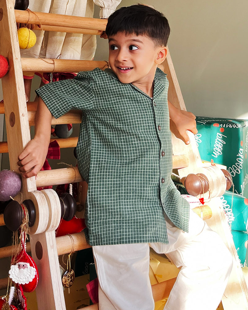 Boogie Green Checkered Boys Handwoven Cotton Shirt