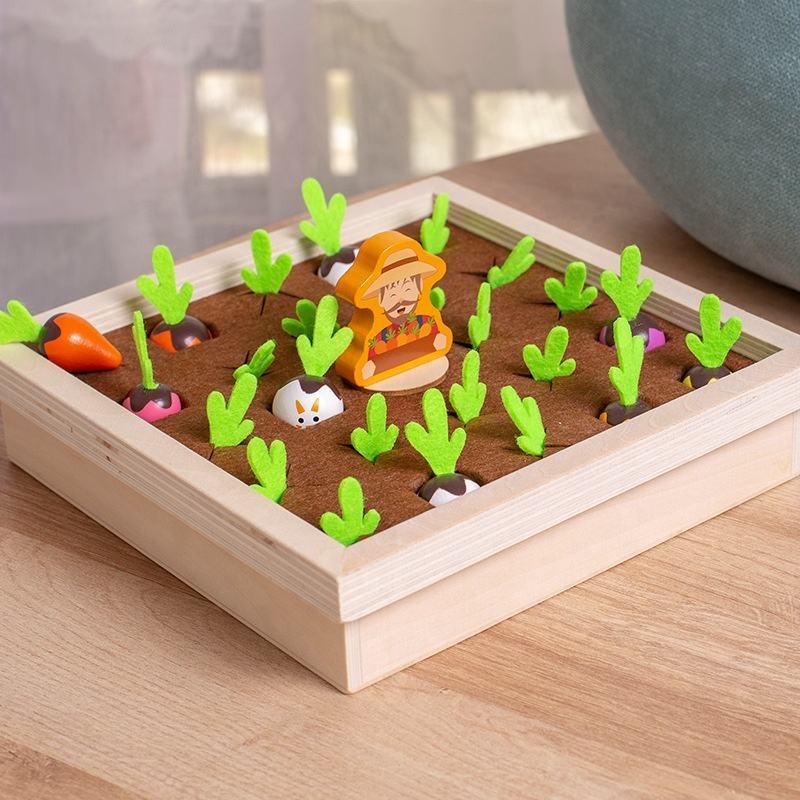 Wooden Vegetable Garden Memory Game - Educational Board Game with Farmer Figure