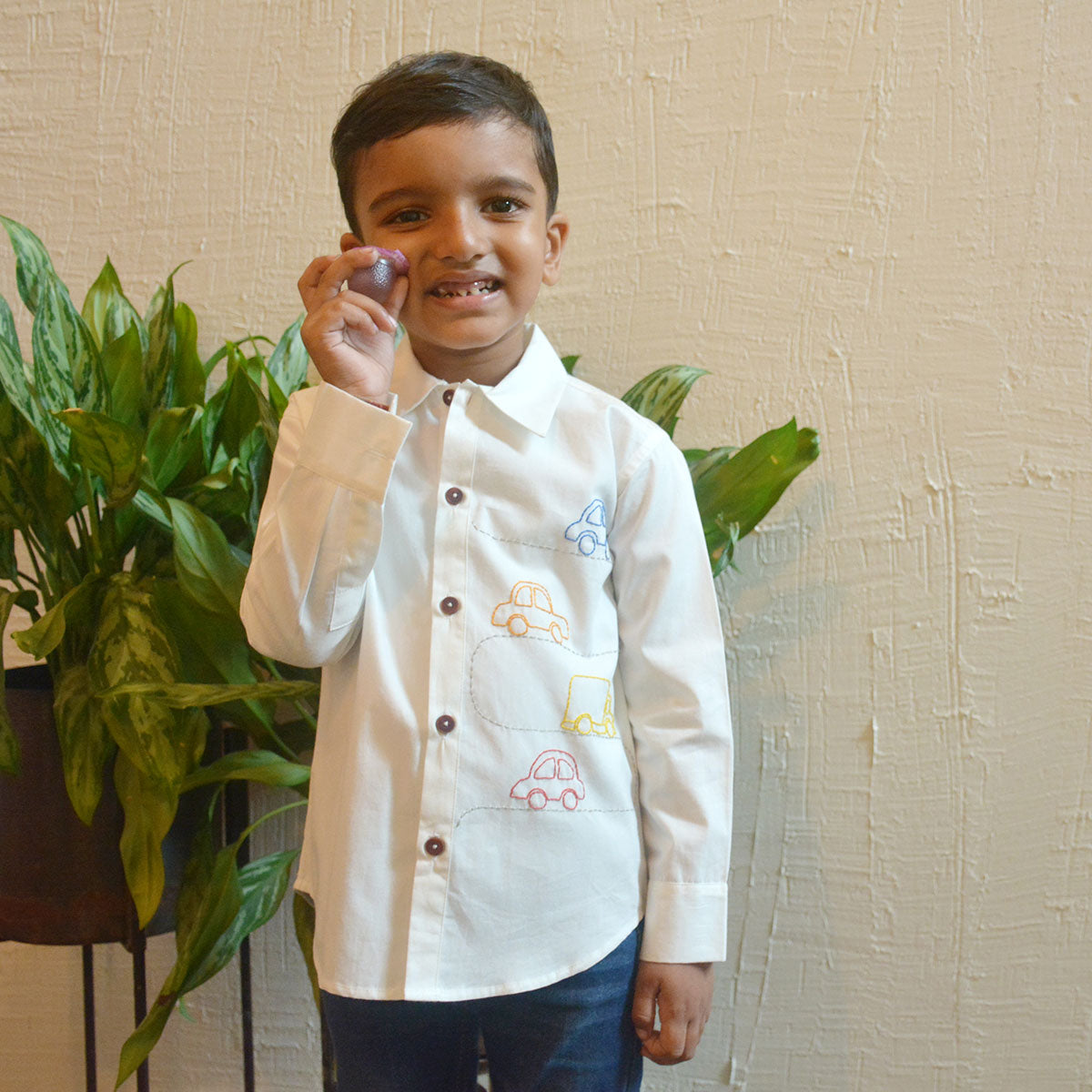 Cars on Road Embroidered Shirt - White