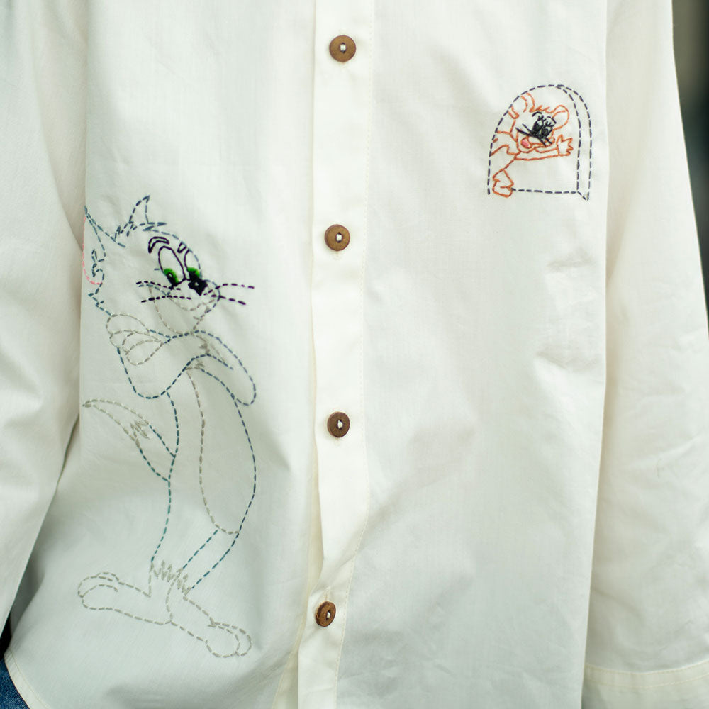 Cat and Mouse Cartoon Embroidered Organic Cotton Shirt - White