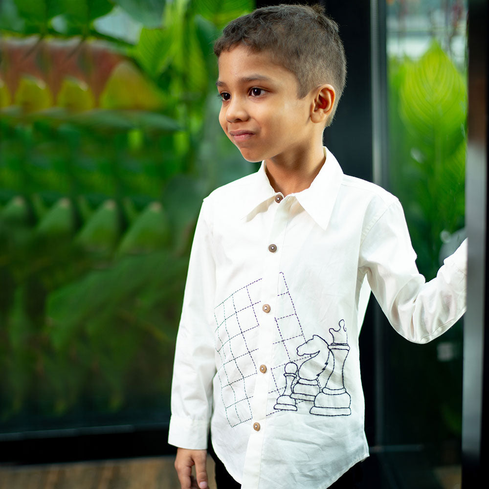 Chess Checkmate Embroidered Organic Cotton Shirt - White
