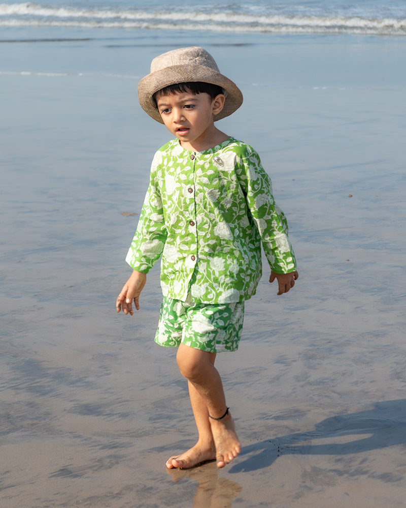 Shared secrets - kids green floral hand block print coord set