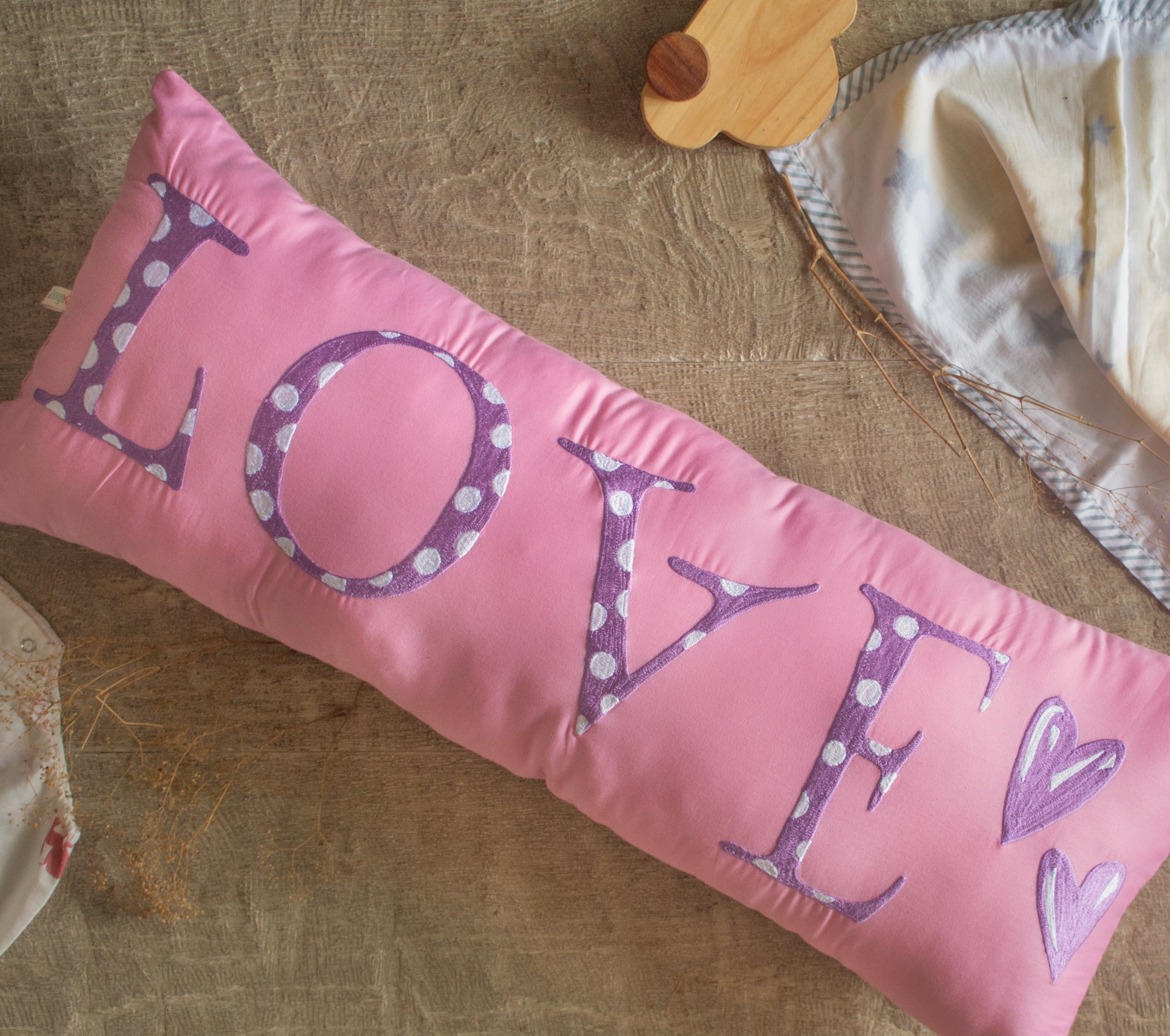 Personalized pink & purple embroidered name bolster pillow, ultra-soft and perfect for kids' rooms or as a cot bumperEmbroidered Bolster Name Pillow Pink & Purple - Shape Cushions - Totdot