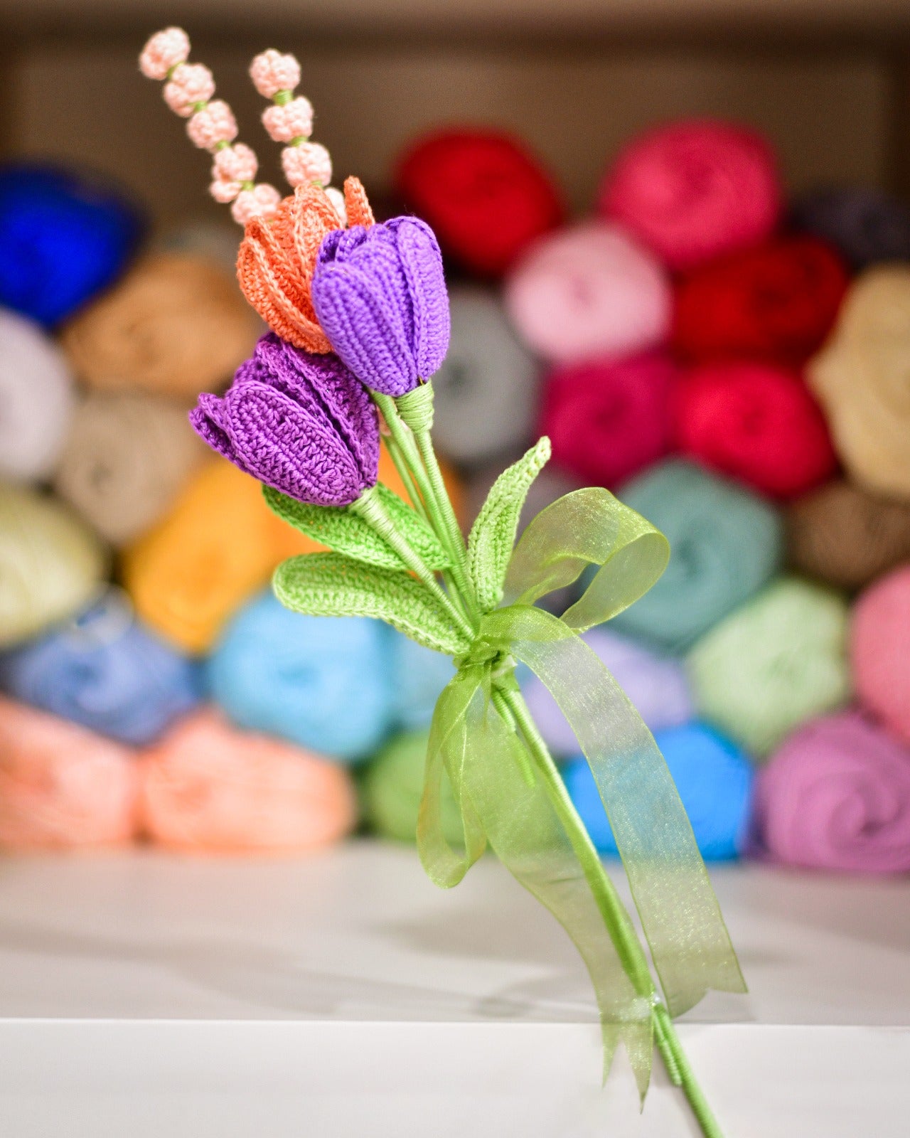 Crochet Tulip Bouquet for Mom - Purple & Peach Handmade Flowers