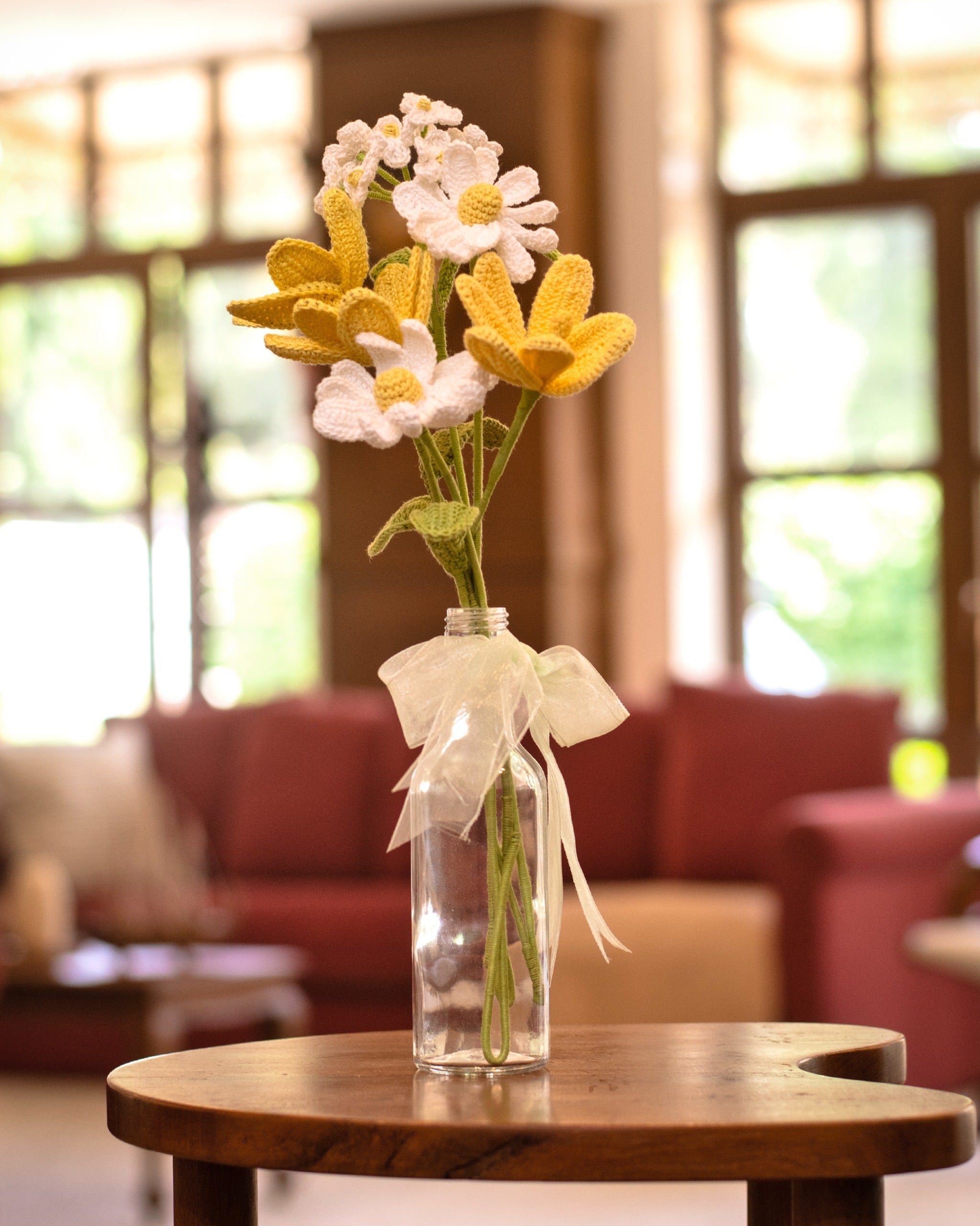Crochet Yellow Tulips & Daisies in Bottle Vase - Unique Mother’s Day Gift
