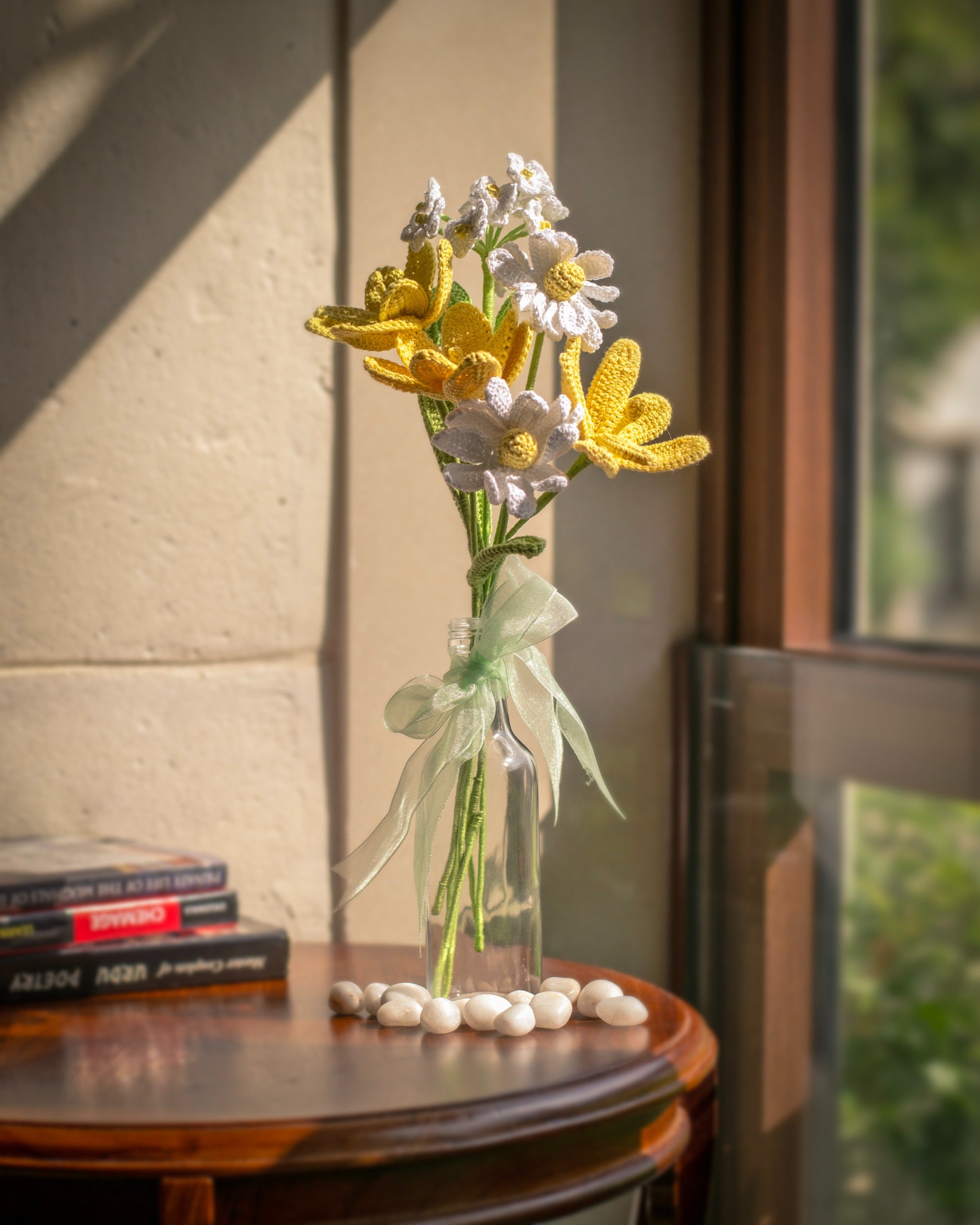 Crochet Yellow Tulips & Daisies in Bottle Vase - Unique Mother’s Day Gift