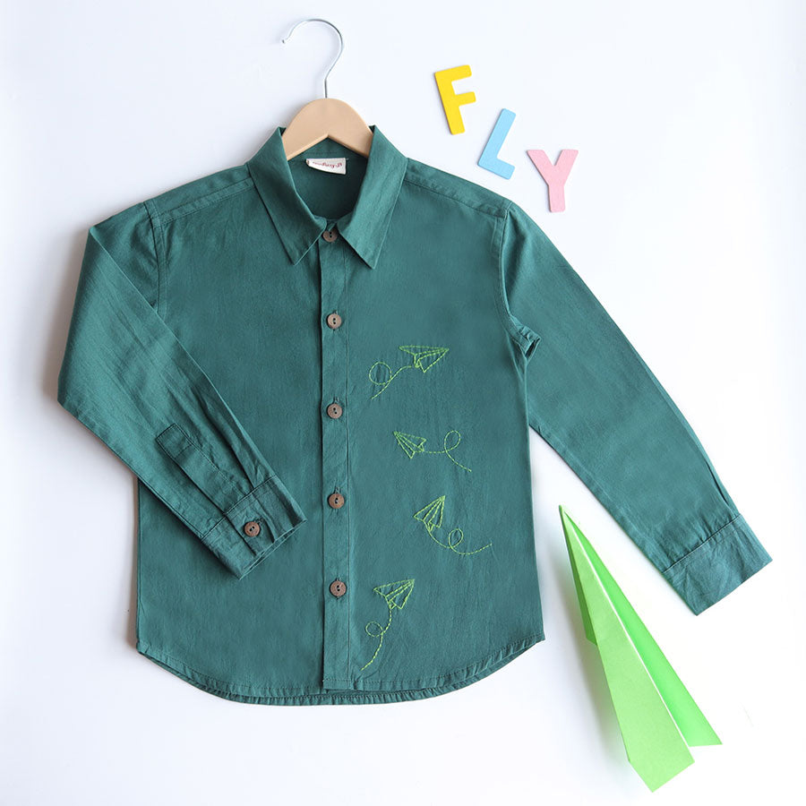 Fly High Embroidered Formal Shirt - Bottle Green