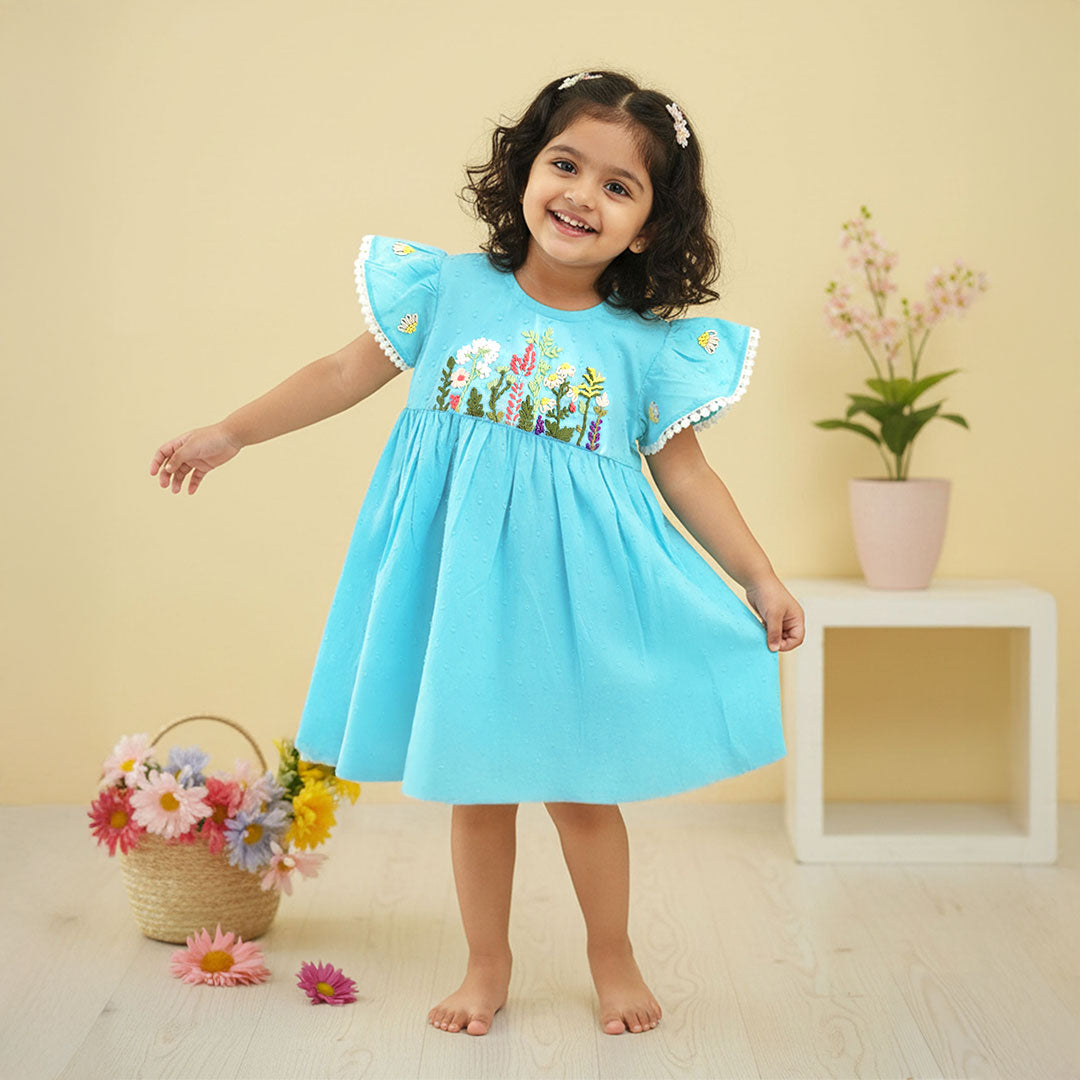 Embroidered Turquoise Blue Dress - Flower Garden