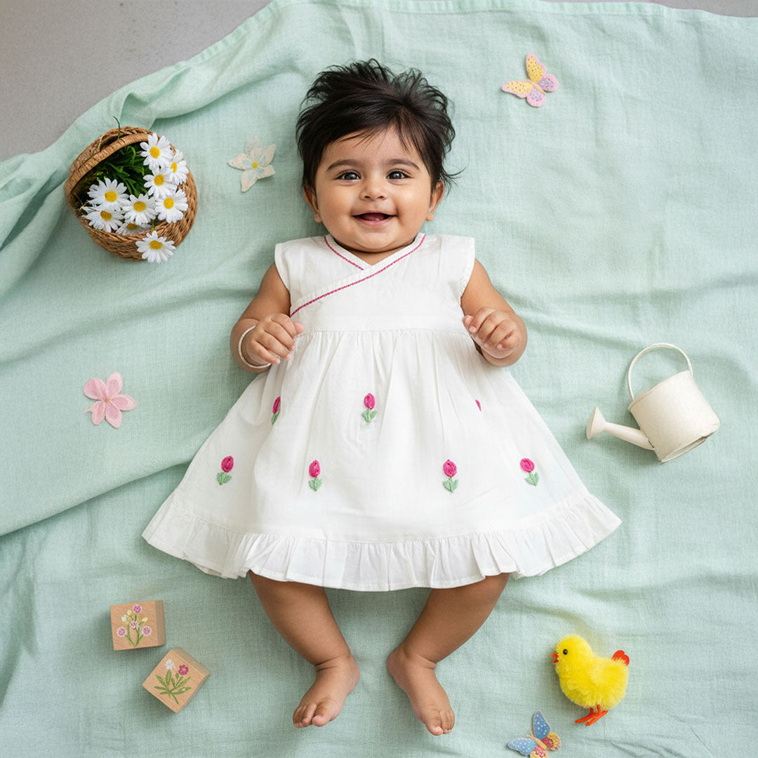 Hand-Embroidered White Dress - Tulips