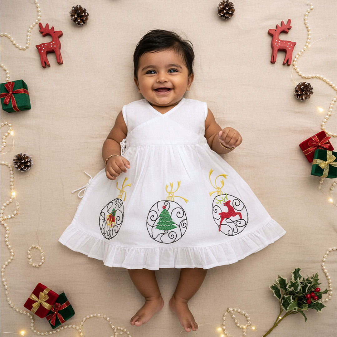 Embroidered White Wrap Dress - Xmas Decorations