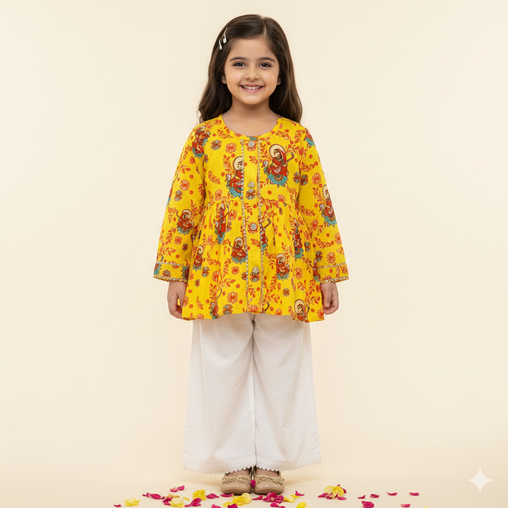 Madhubani print organic cotton 'Vidhya Dehi Saraswati' kurta set for infants, toddlers and kids.