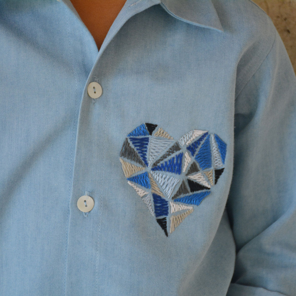 Geometric Heart Embroidered Denim Shirt