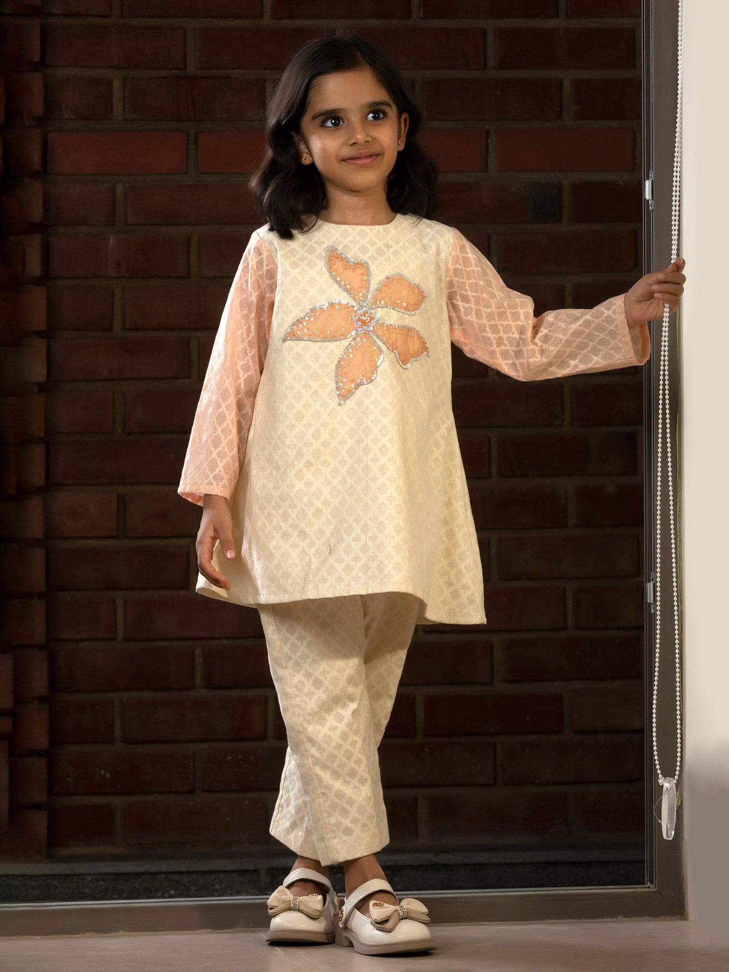 Cream Embroidered Patch Kurta Set - Girls