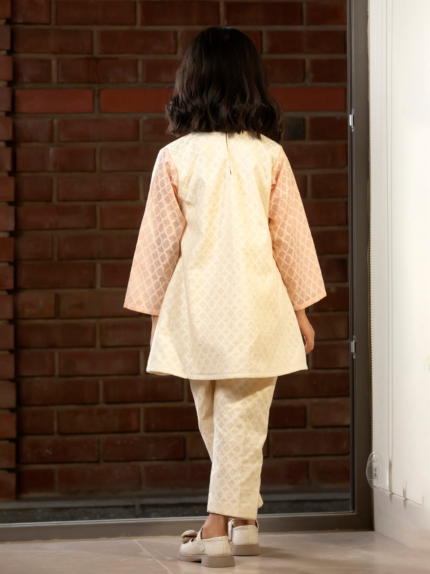 Cream Embroidered Patch Kurta Set - Girls