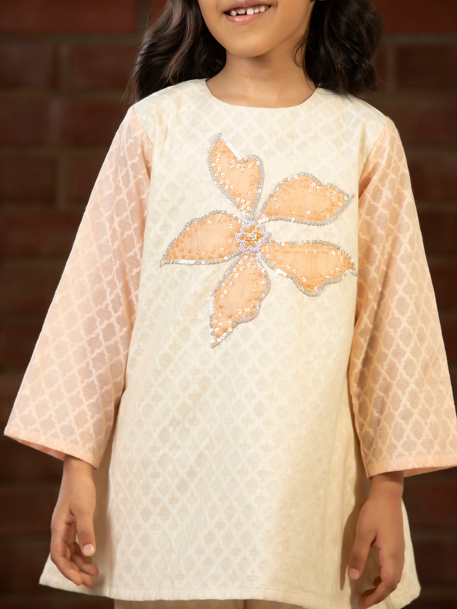 Cream Embroidered Patch Kurta Set - Girls