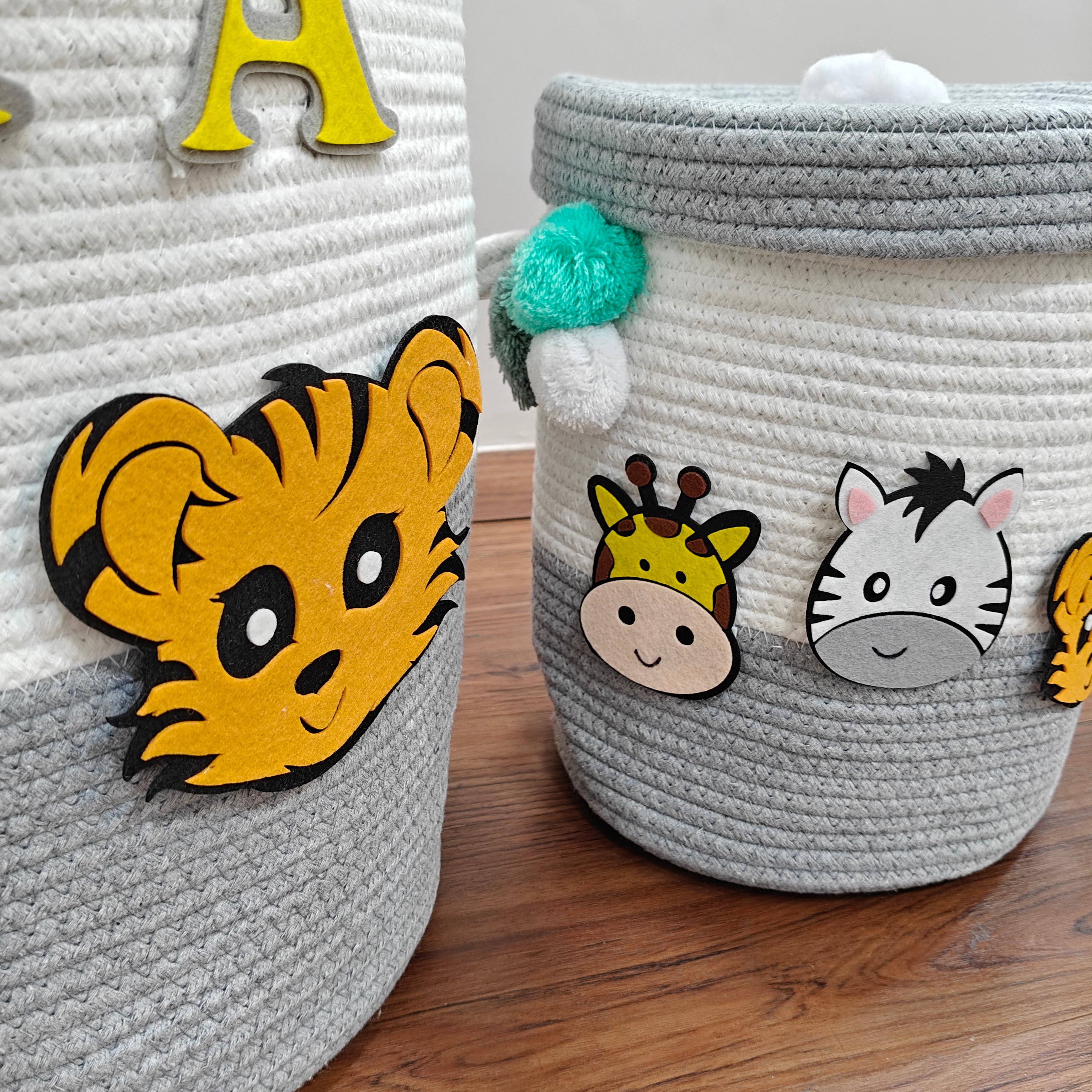 Jute Cotton Storage Basket  with Lid - Smoky Safari