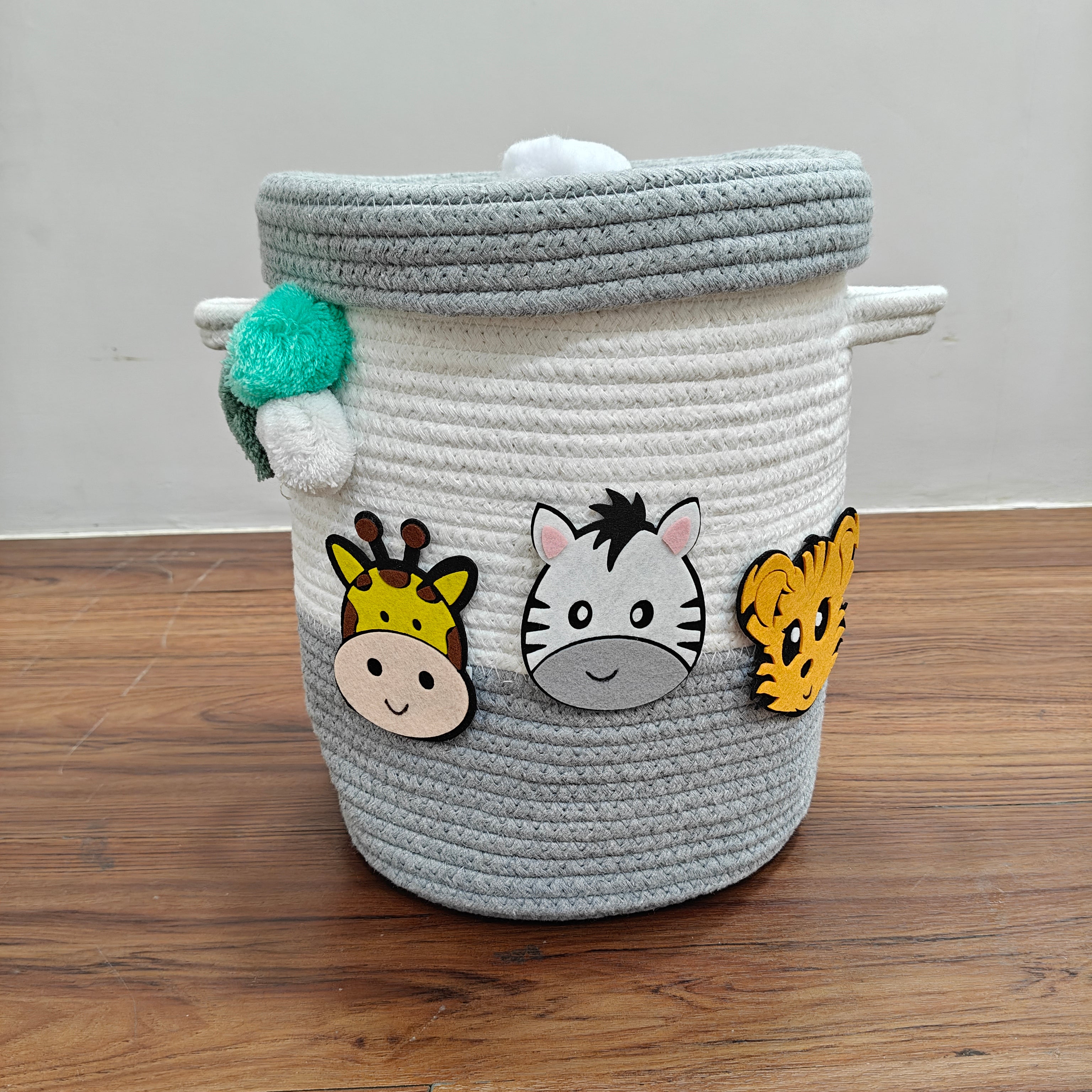 Jute Cotton Storage Basket  with Lid - Smoky Safari