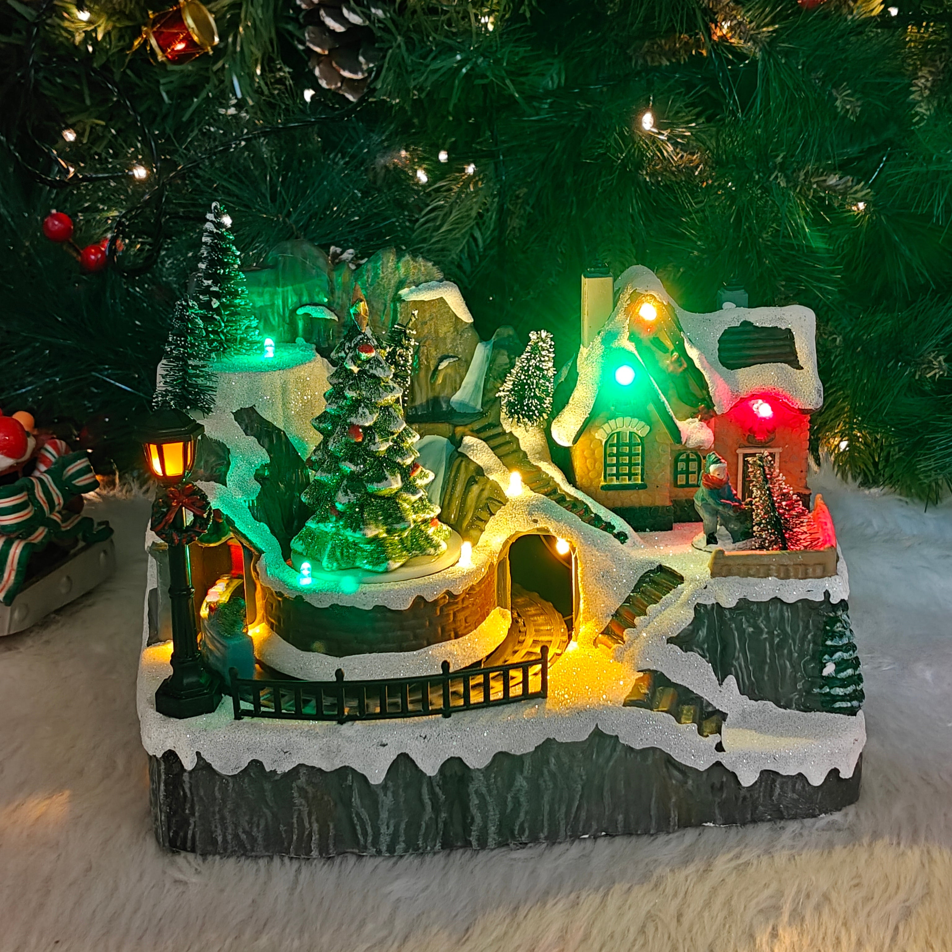 Light-Up Nativity village with Rotating Tree