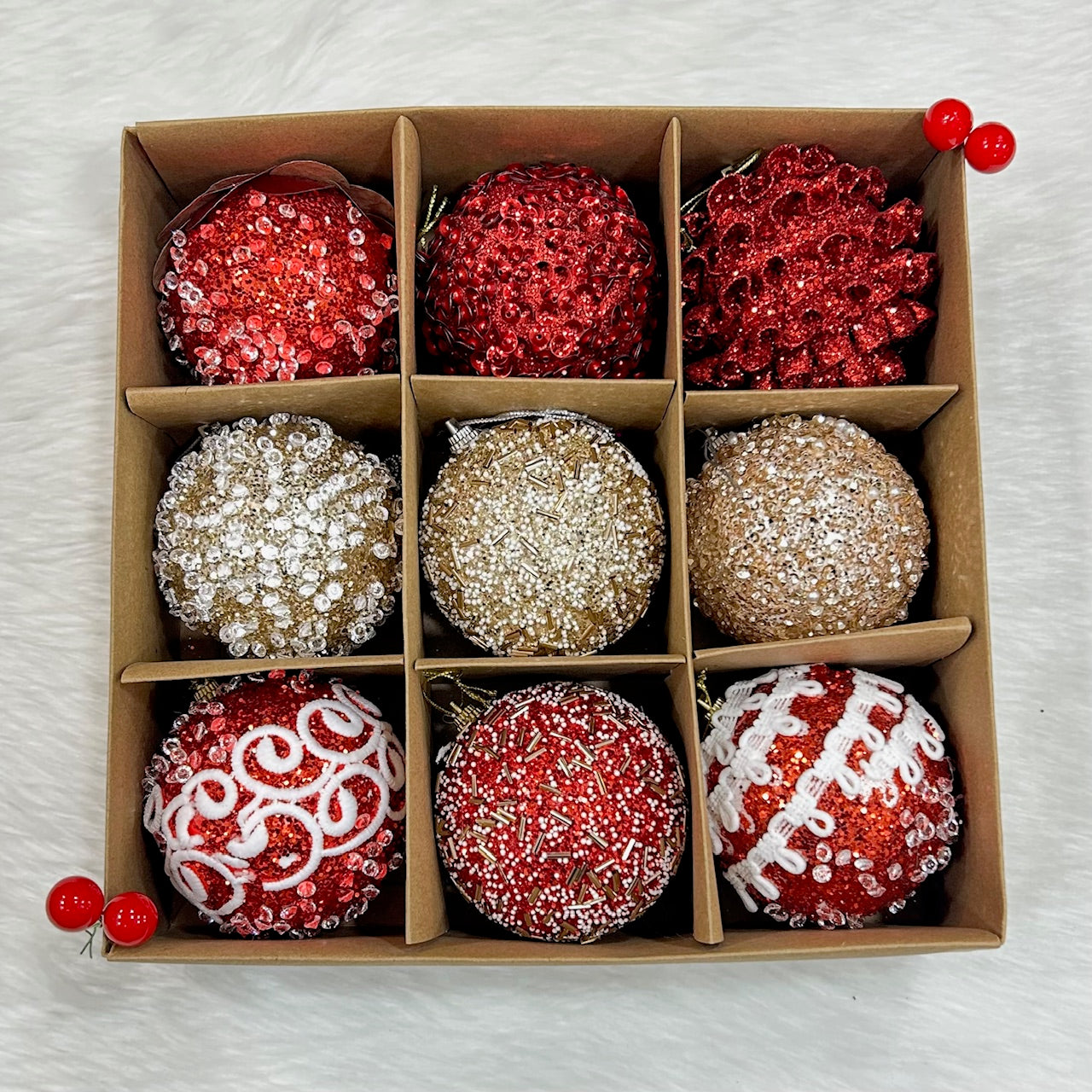 9PCs Shimmer / Embellished Baubles Set - Red-Gold-Red